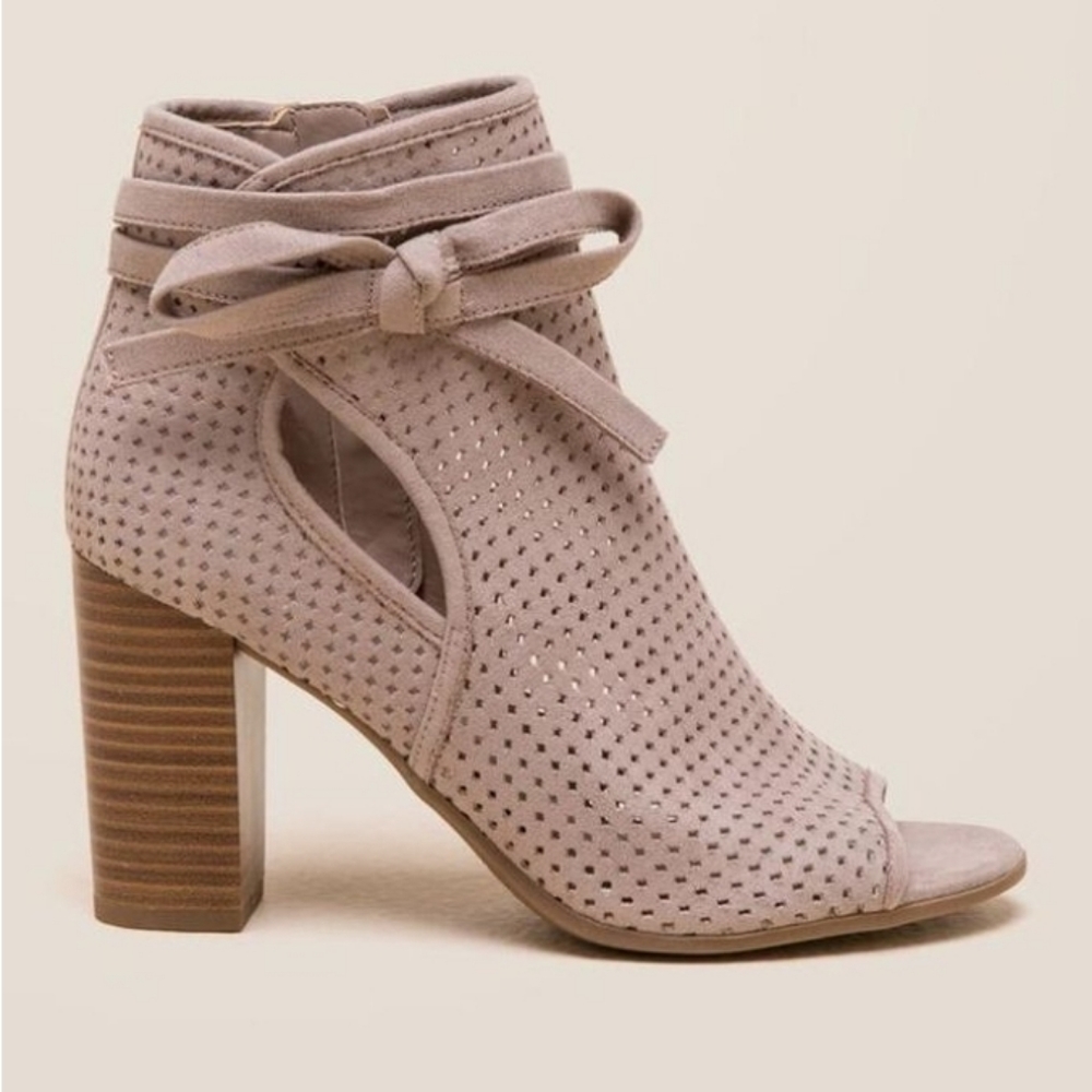 Sam Edelman Ellery Open Toe Bootie Perforated Suede in Taupe | Size 7.5M